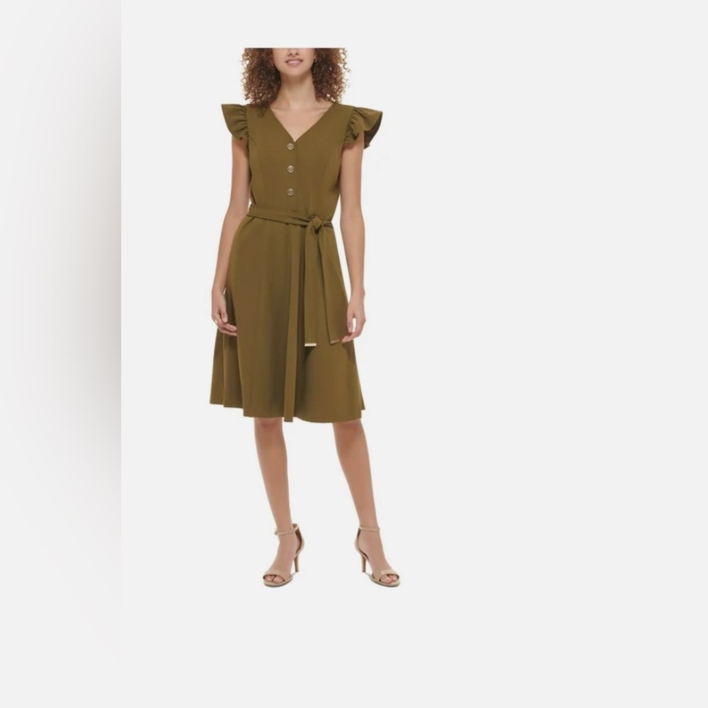 Tommy Hilfiger Dress Size 6 Green Flutter Sleeve Belted Scuba Crepe NWT